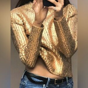ZARA Gold Metallic Foil Cable Knit Sweater